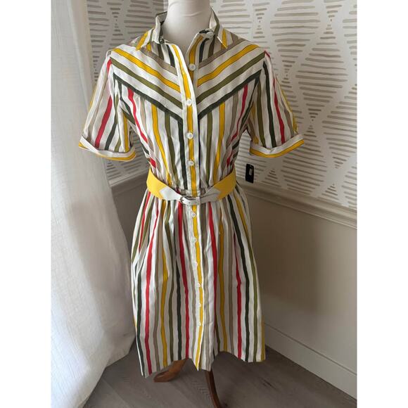 J. Ellis Dresses & Skirts - J. Ellis Petites Women’s Size 12 Vintage Yellow Stripe Belted Flared Shirt Dress